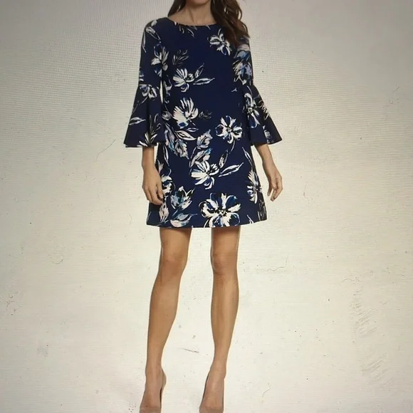 Eliza J Dress Sz 6 Floral Navy Blue Shift with Bell Sleeves - Picture 1 of 14